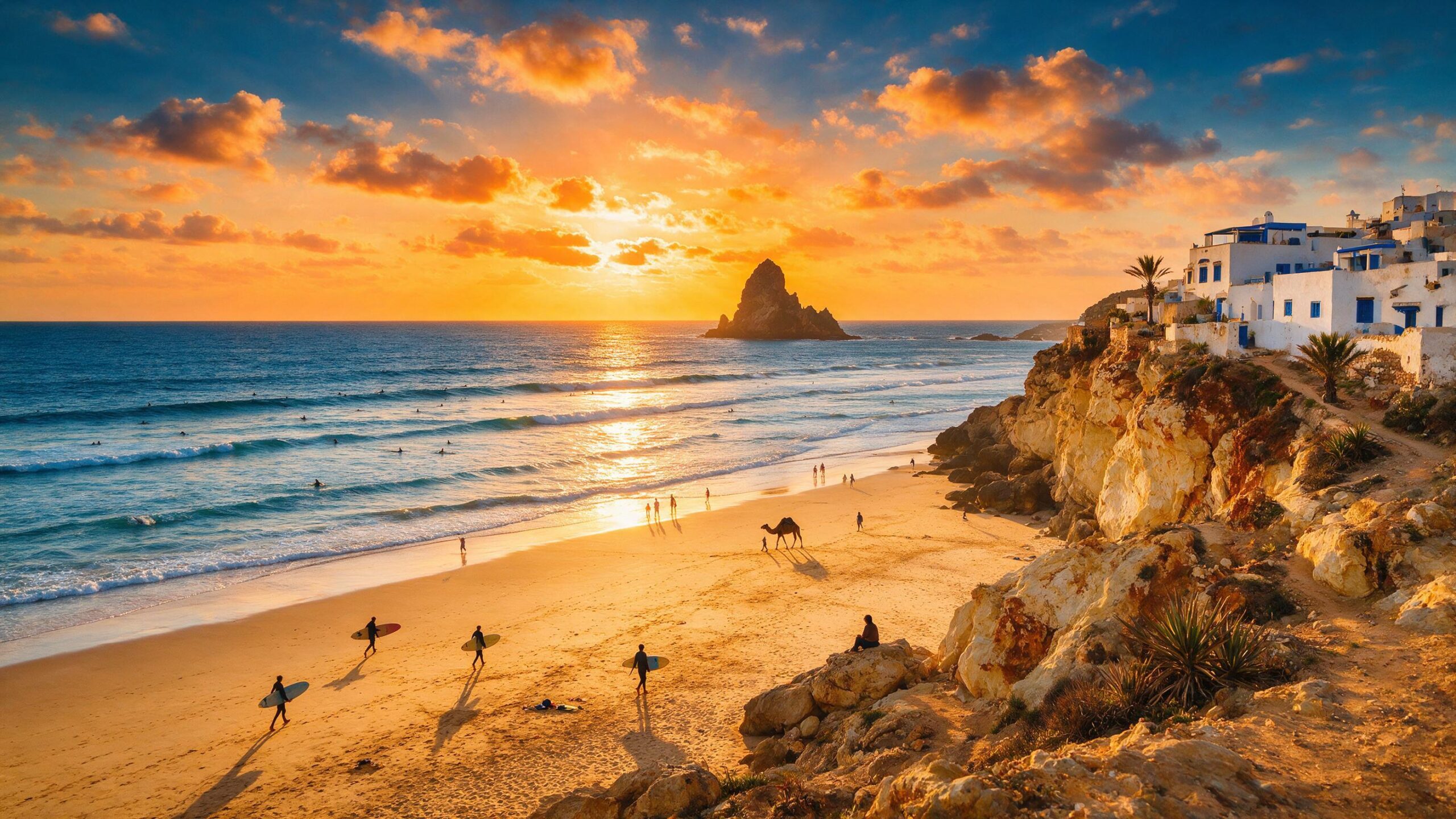 Taghazout Morocco beach at sunset with surfers and Camel Rock, golden sand and whitewashed village on cliffs, ultimate surf capital destination