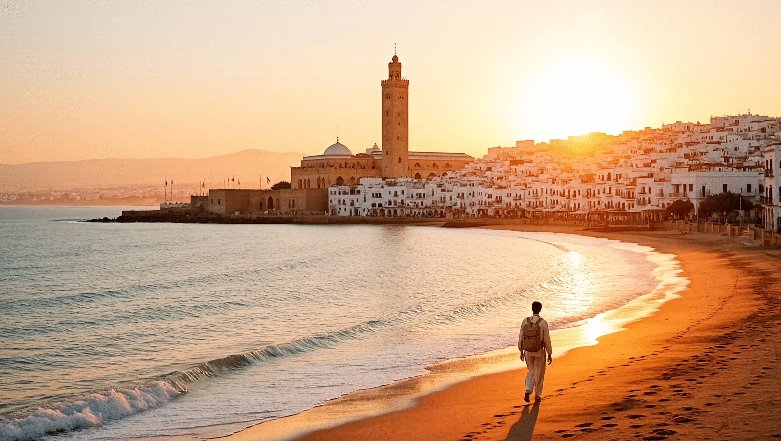 Tangier Morocco beach at golden hour with view of Strait of Gibraltar, Mediterranean