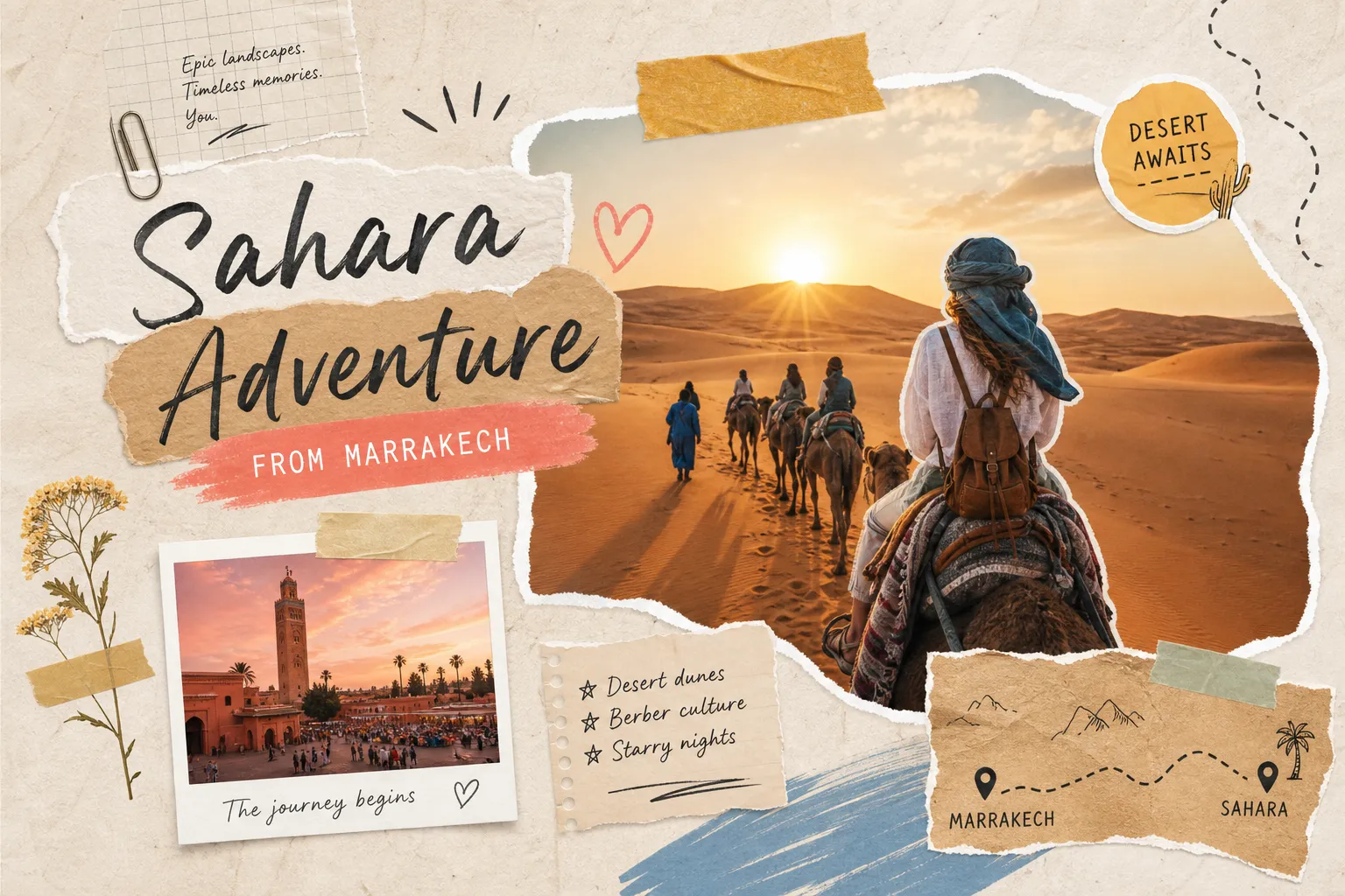 Best Sahara Desert Tour from Marrakech - camel caravan crossing Erg Chebbi dunes at golden hour
