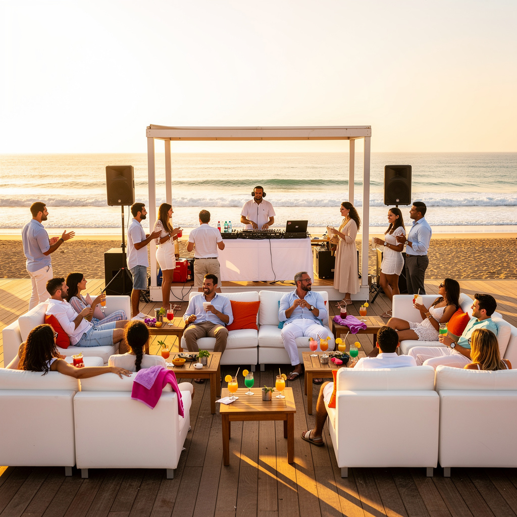 Lively beach club scene at La Plage Royale in Casablanca Morocco with sunbeds and cocktails, top Casablanca Morocco beach club for nightlife and day passes