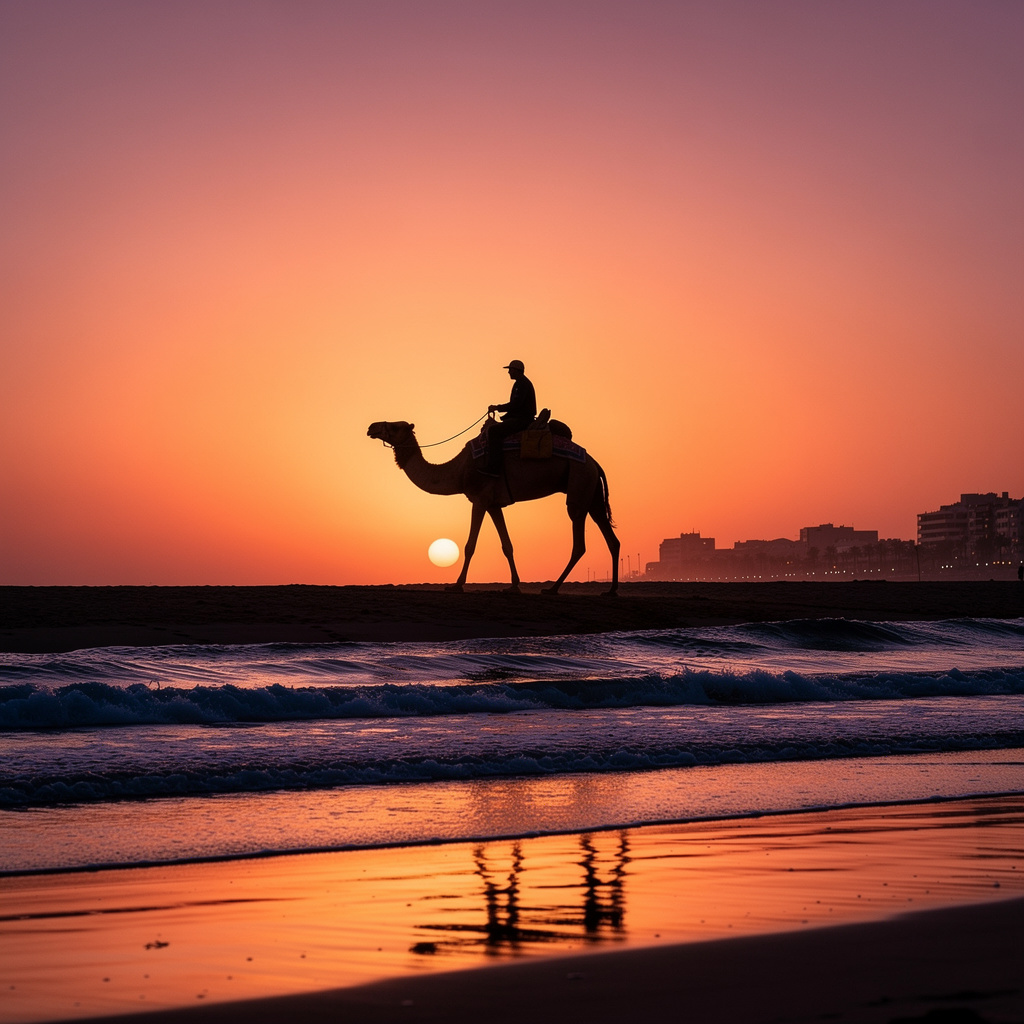 Sunset camel ride on Agadir Morocco beach silhouette rider camel Atlantic ocean skyline adventure cultural experience