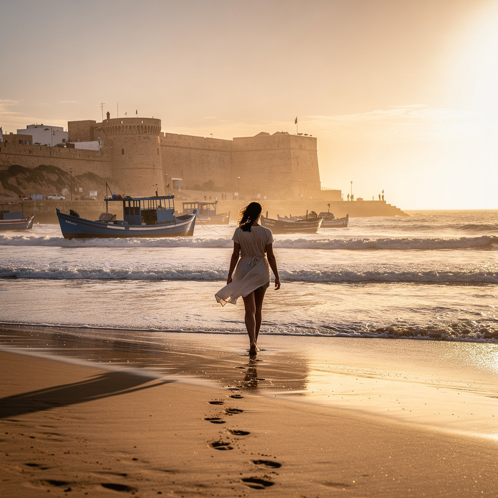 Traveler walking on Essaouira beach at golden hour, gentle waves and historic port view, Essaouira Morocco beach relaxation and cultural experience