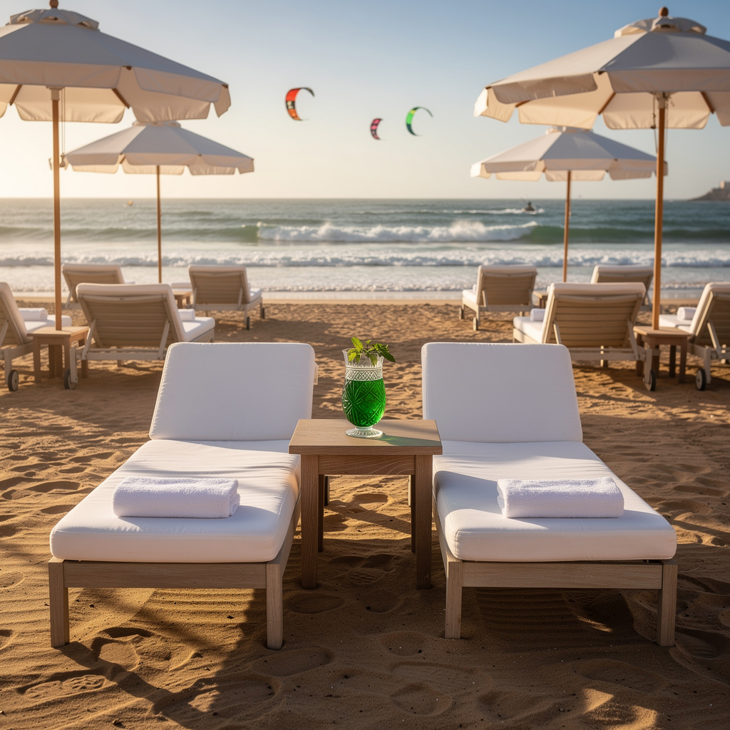 Essaouira beach club day lounge, sun loungers and parasol with Atlantic view, relaxing at Morocco beach resort Essaouira