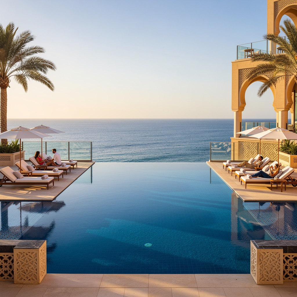 Luxury infinity pool at Four Seasons Hotel Casablanca overlooking Atlantic Ocean, ideal for Casablanca Morocco beach hotels and resort stays