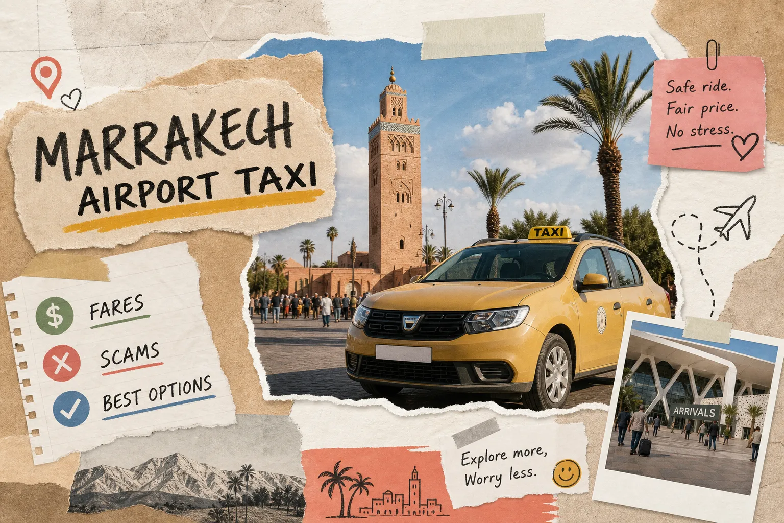 Travelers exiting Menara Airport arrivals hall heading toward the Marrakech airport taxi staging area