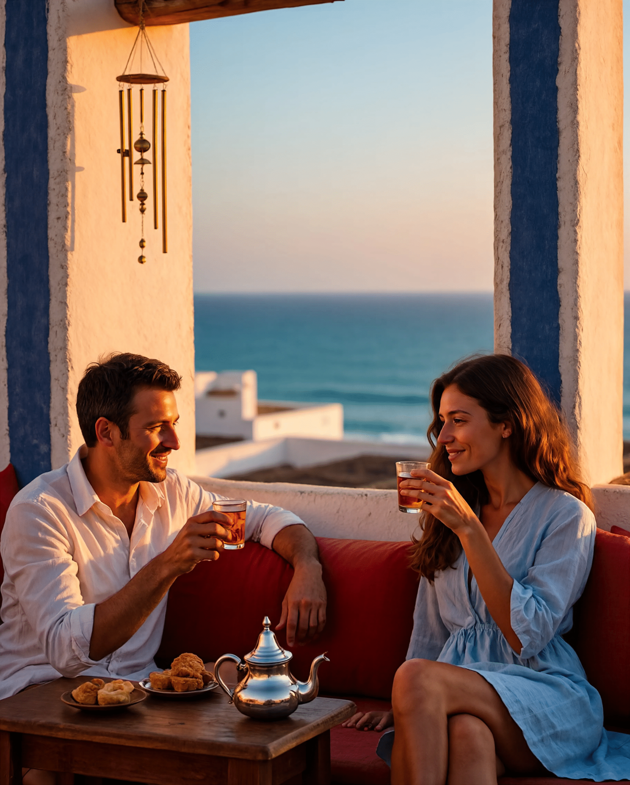 Morocco beach resorts: couple enjoying mint tea on Essaouira rooftop terrace with Atlantic sunset view, luxury relaxation in a coastal town.