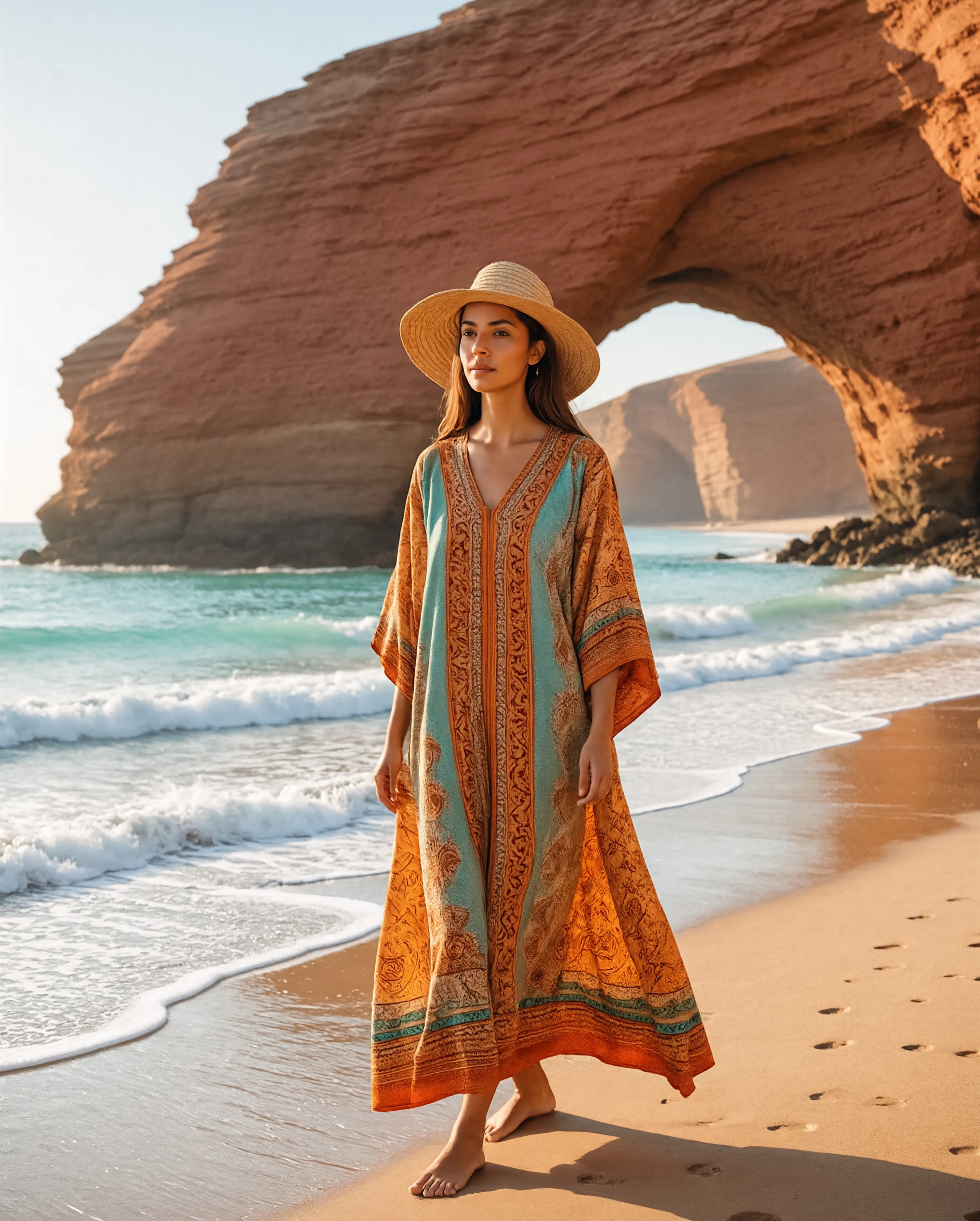 Best beaches in Morocco: woman walking at Legzira Beach during golden hour with red rock arch, Atlantic waves, showcasing beautiful Morocco beach destinations.