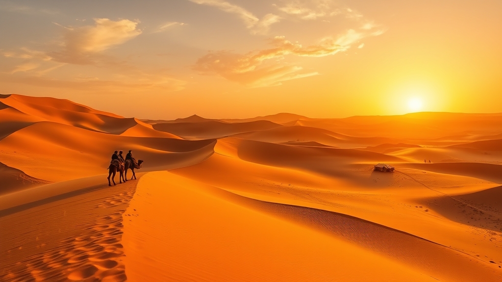 Panoramic view of Erg Chebbi sand dunes at golden hour from a Sahara desert camp near Merzouga Morocco