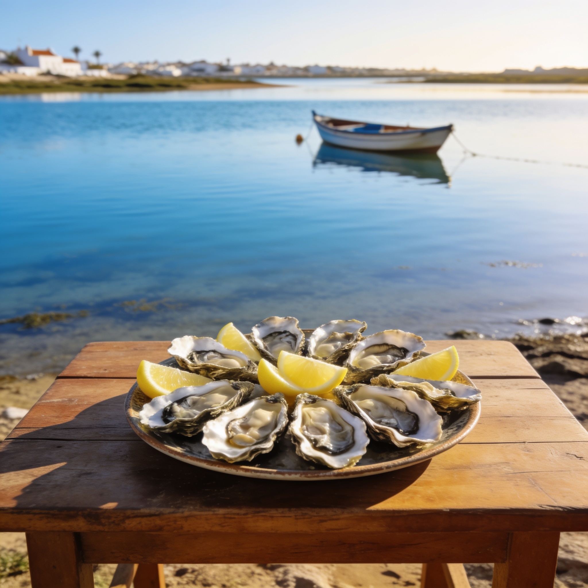 Oualidia oyster lagoon Morocco: fresh oysters on a wooden table overlooking calm blue lagoon water, one of the most beautiful beaches in Morocco for food lovers