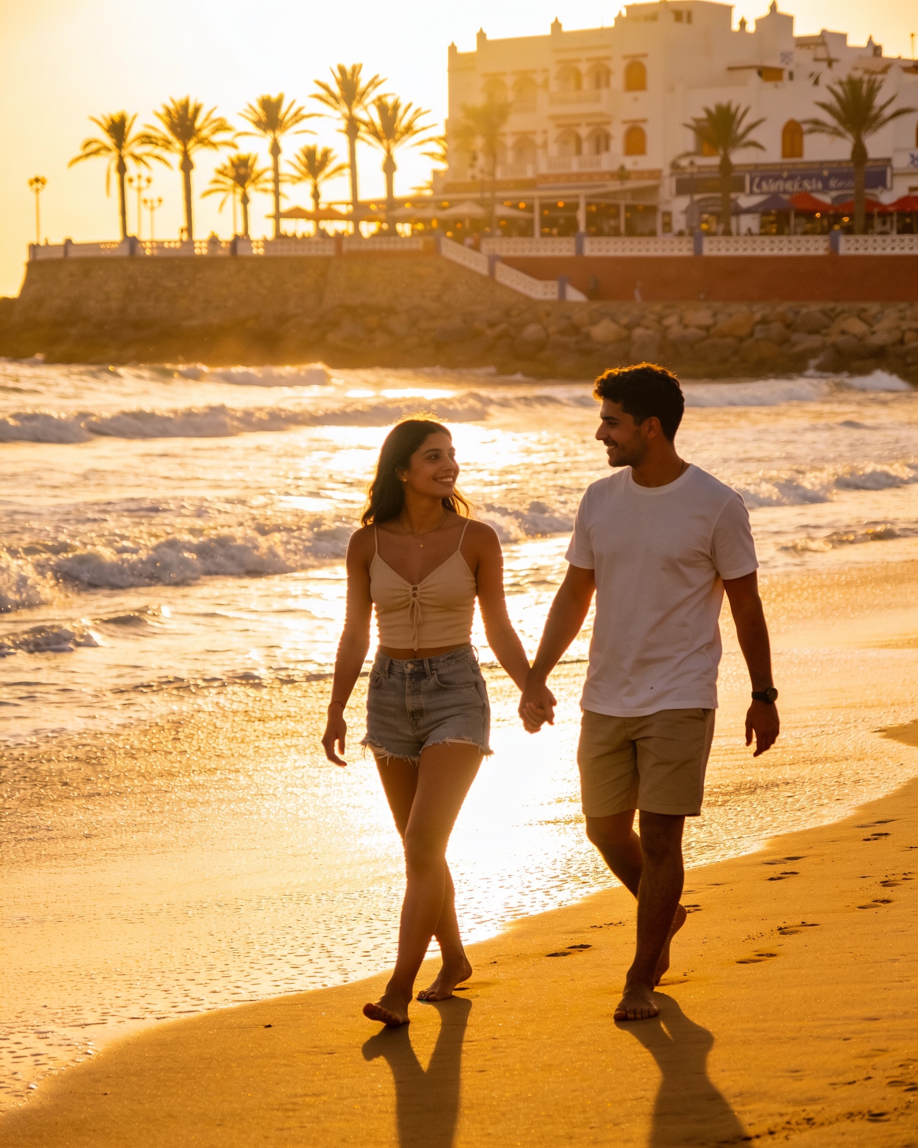 Couple walking on Agadir Morocco beach at golden hour sunset La Corniche promenade palm trees Atlantic Ocean romance travel
