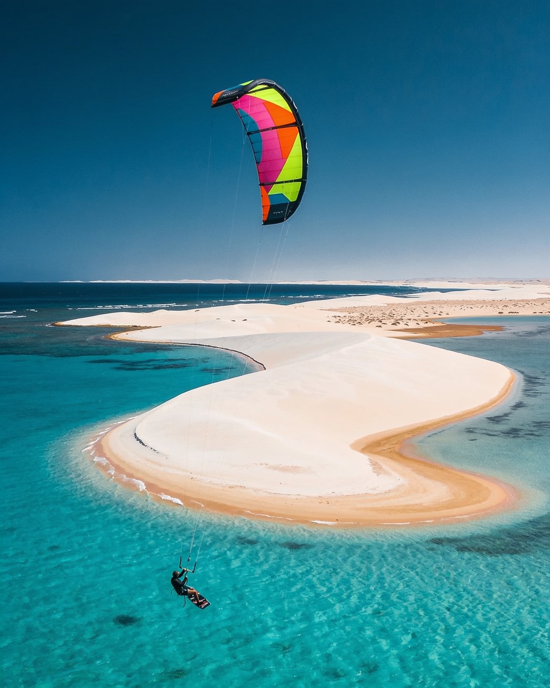 Dakhla kitesurfing paradise Morocco: kitesurfer flying above turquoise lagoon at Dragon Beach, white sand, world-class wind conditions, most beautiful beaches in Morocco for water sports