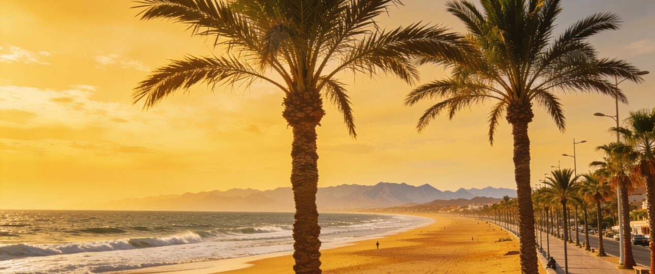 Agadir Morocco beach panoramic view golden hour Atlantic coast palm trees promenade La Corniche Atlas Mountains perfect holiday destination