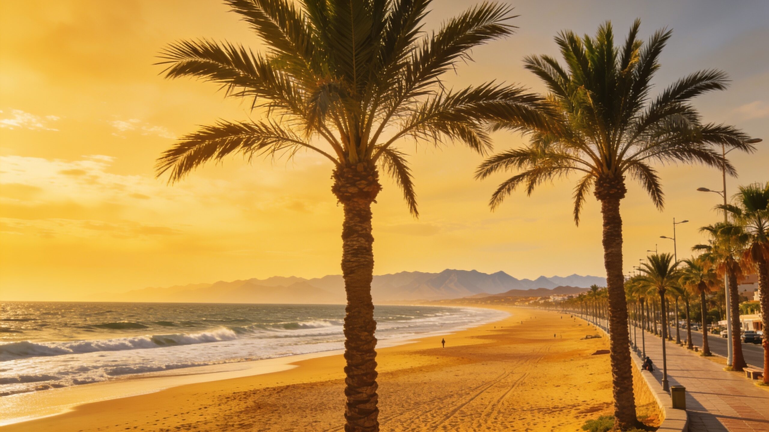 Agadir Morocco beach panoramic view golden hour Atlantic coast palm trees promenade La Corniche Atlas Mountains perfect holiday destination