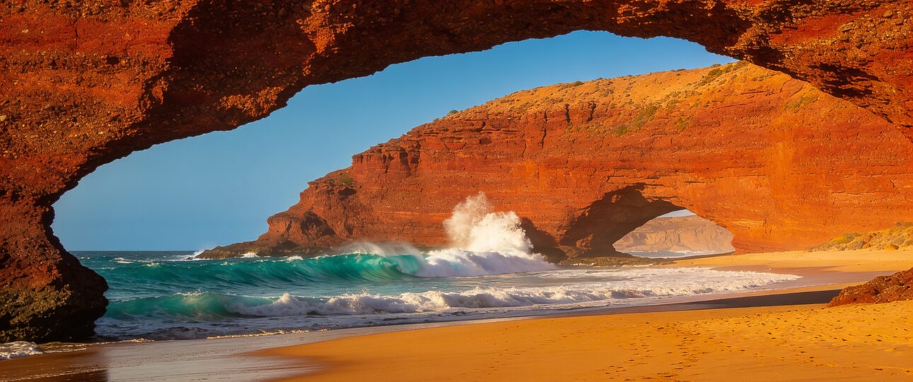 Discover the most beautiful beaches in Morocco: golden sunset at Legzira Beach with iconic red rock arches and turquoise Atlantic Ocean waves crashing on the shore