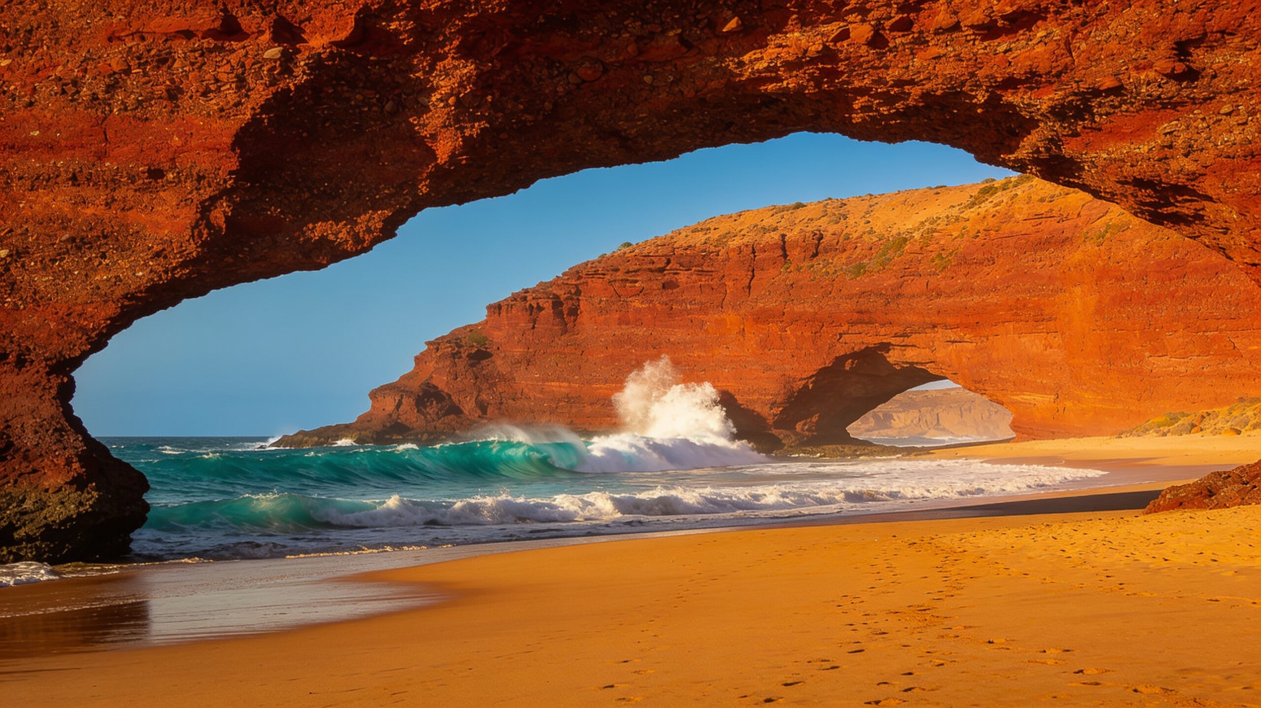 Discover the most beautiful beaches in Morocco: golden sunset at Legzira Beach with iconic red rock arches and turquoise Atlantic Ocean waves crashing on the shore
