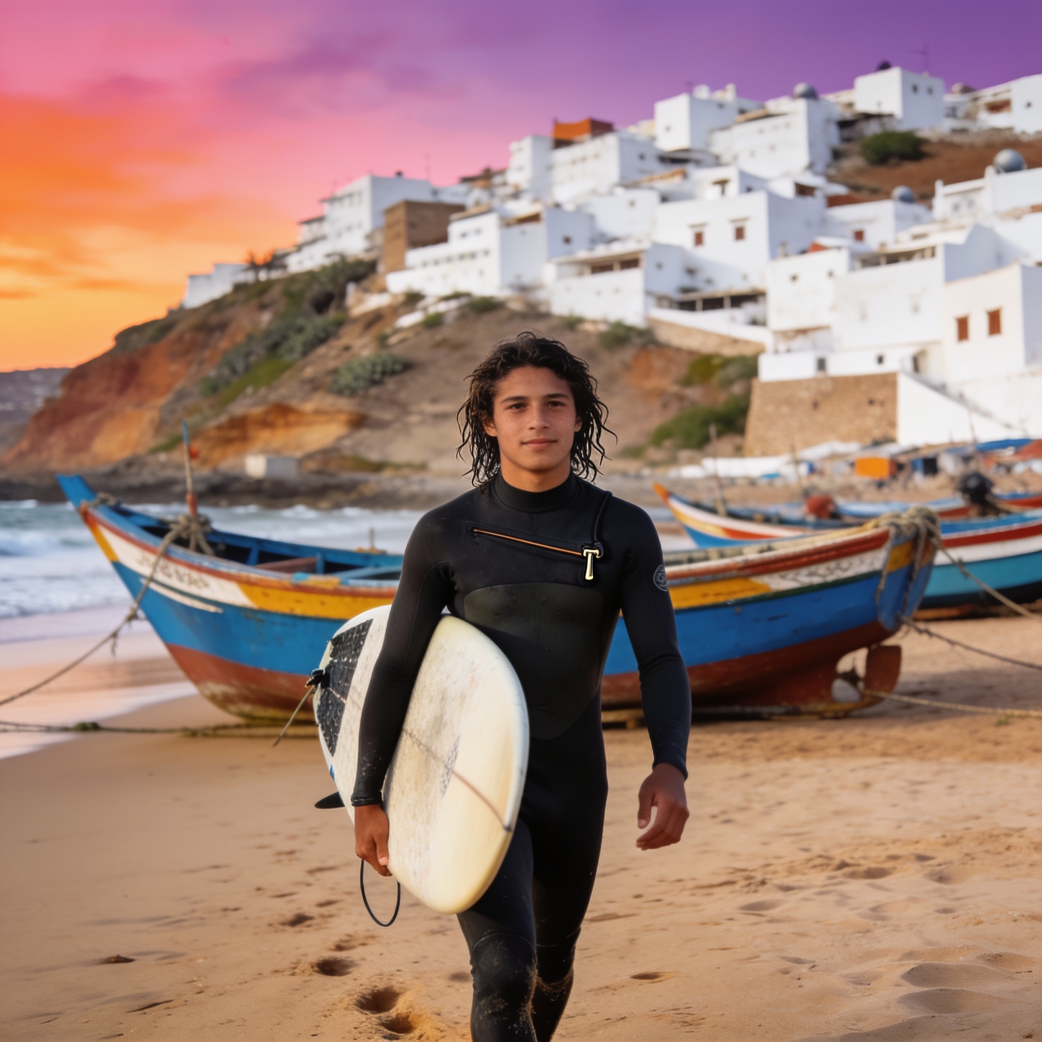 Morocco surf beaches: surfer with board at Taghazout sunset, fishing boats and town in background, top beach in Morocco for waves and surf camps.