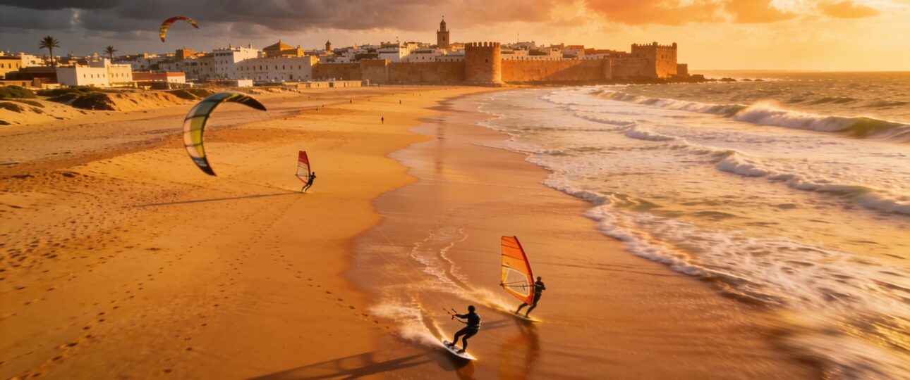 Essaouira Morocco beach panoramic sunset view with surfers and kitesurfers, golden sand and Atlantic waves, historic medina skyline, perfect Morocco beach vacation destination