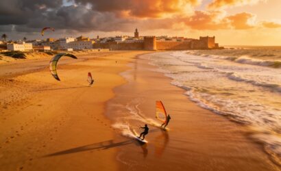Essaouira Morocco beach panoramic sunset view with surfers and kitesurfers, golden sand and Atlantic waves, historic medina skyline, perfect Morocco beach vacation destination