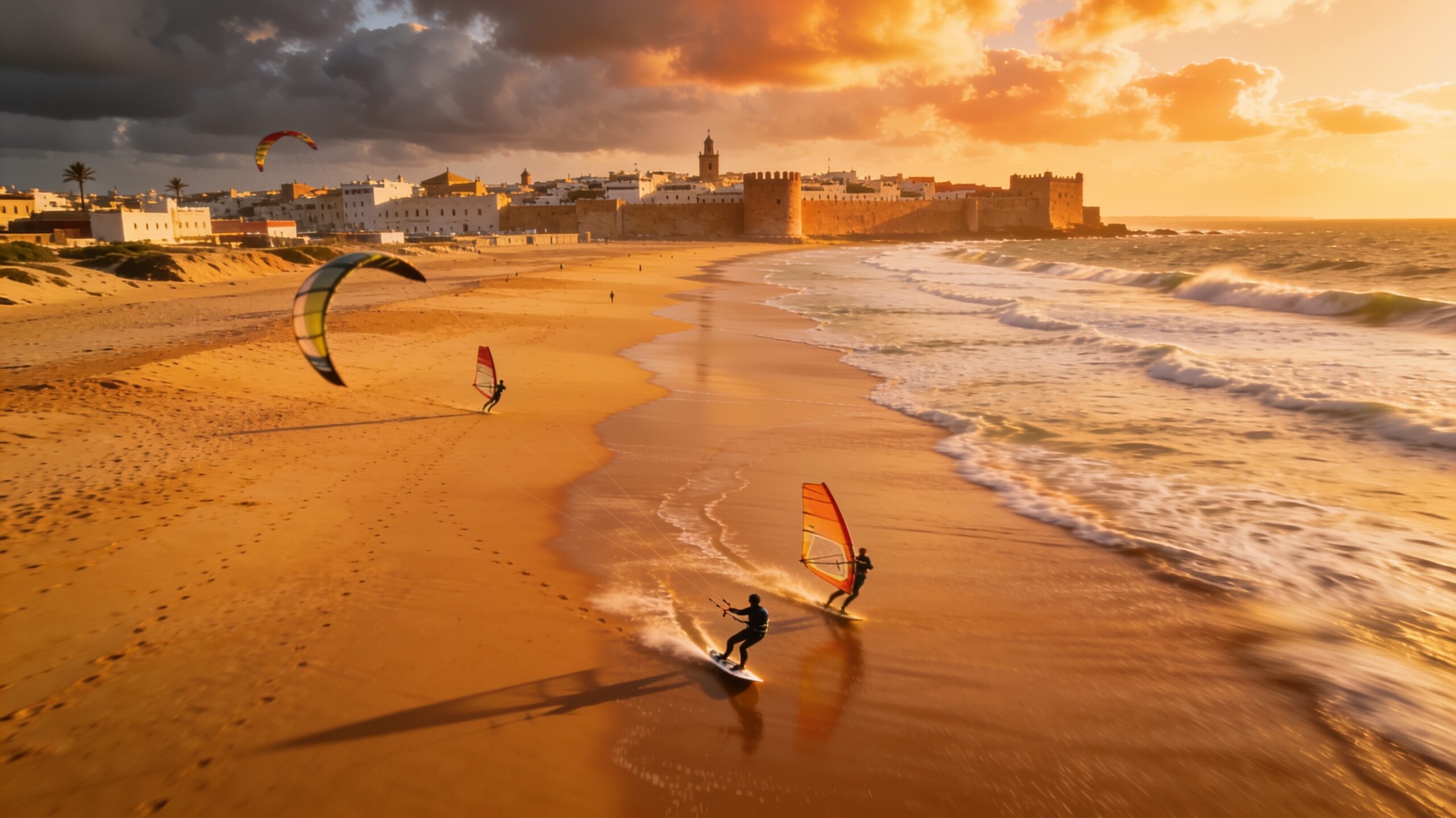Essaouira Morocco beach panoramic sunset view with surfers and kitesurfers, golden sand and Atlantic waves, historic medina skyline, perfect Morocco beach vacation destination