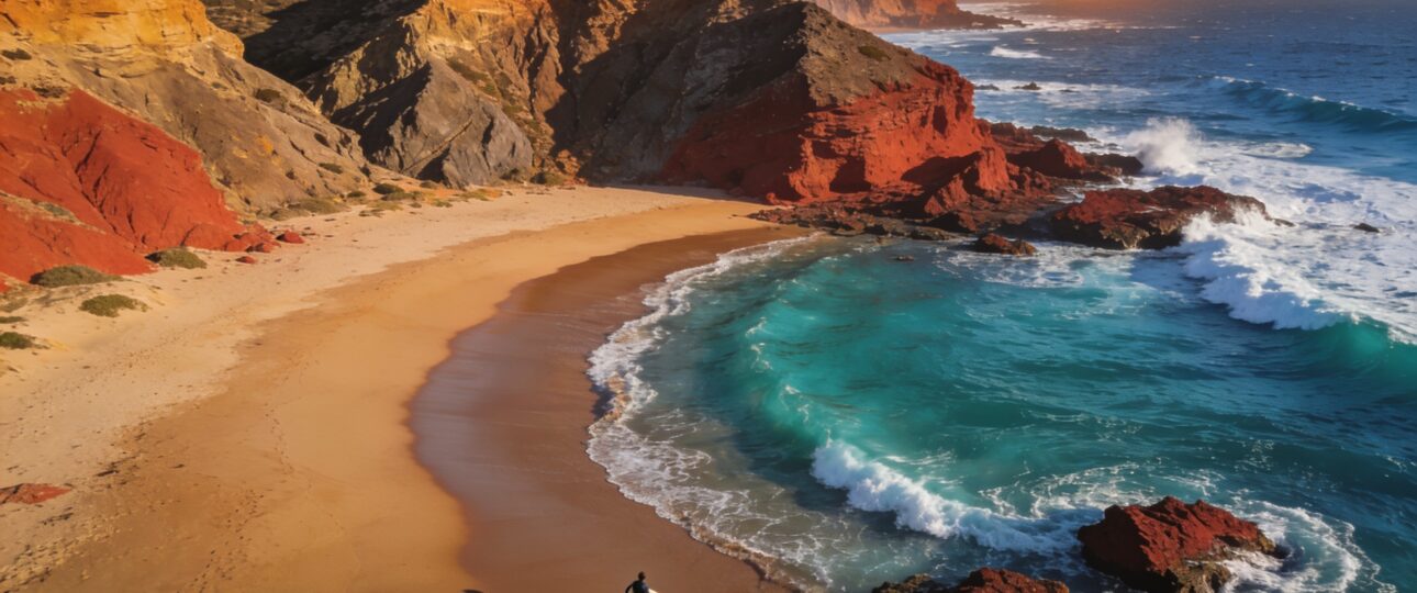 Morocco beach holiday guide: golden hour aerial view of Atlantic coastline with cliffs and surfer at sunset, showcasing the best beaches in Morocco for sun and surf.