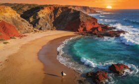 Morocco beach holiday guide: golden hour aerial view of Atlantic coastline with cliffs and surfer at sunset, showcasing the best beaches in Morocco for sun and surf.