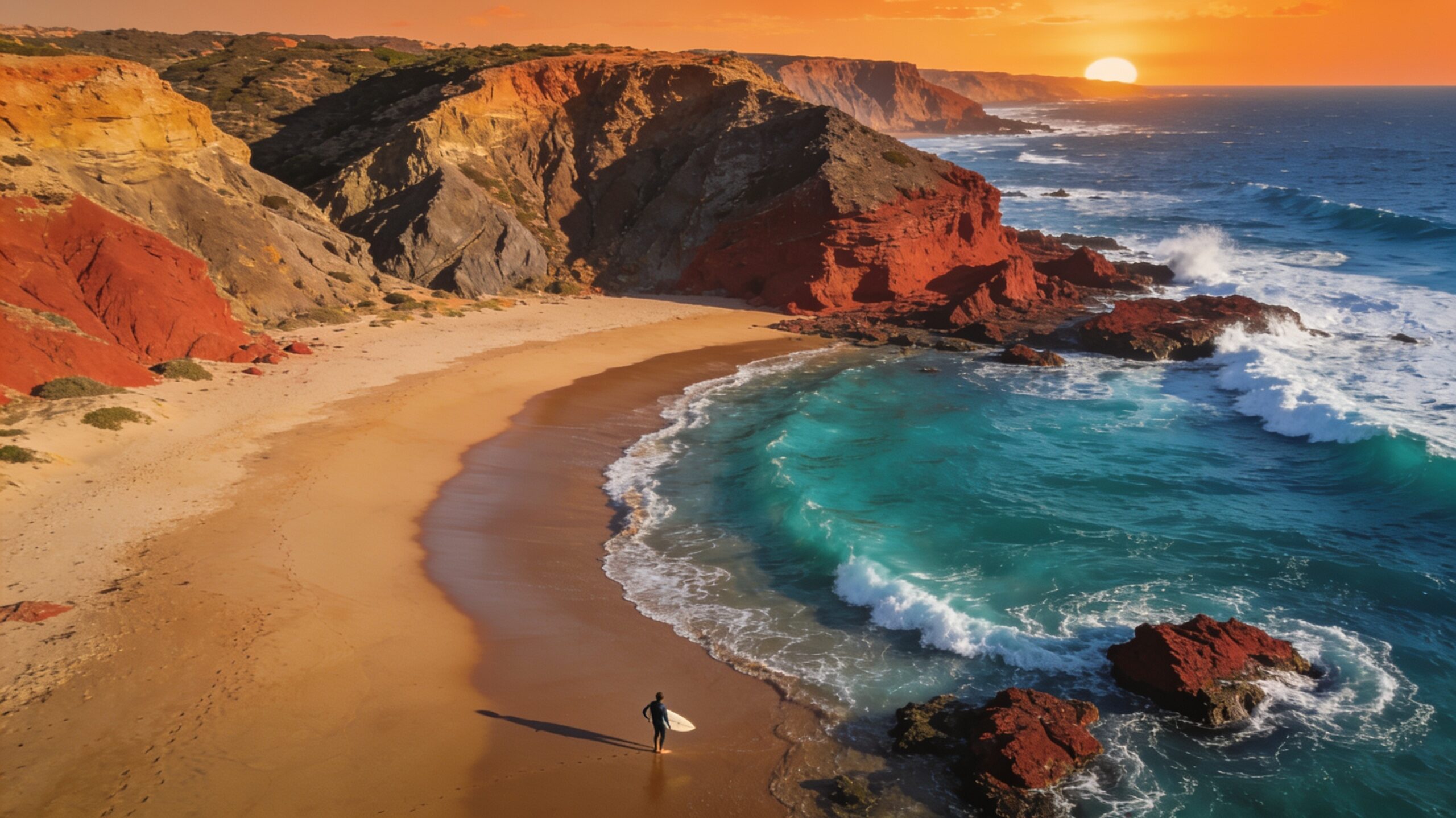 Morocco beach holiday guide: golden hour aerial view of Atlantic coastline with cliffs and surfer at sunset, showcasing the best beaches in Morocco for sun and surf.
