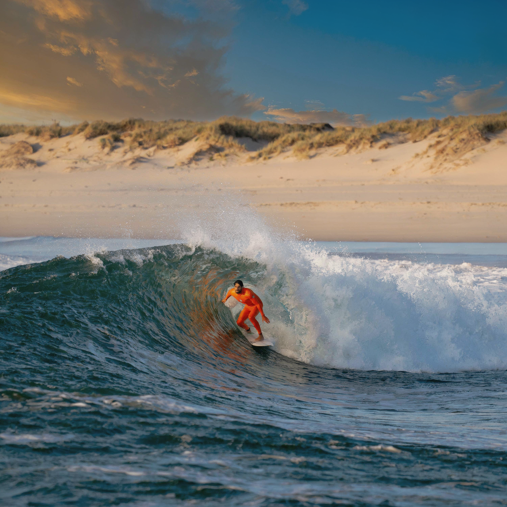 Surfer riding wave at Sidi Kaouki near Essaouira, consistent Atlantic swell, Morocco surf destination, surfer in wetsuit against blue ocean