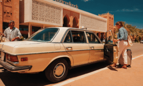 A classic beige Mercedes taxi waiting outside Marrakech Menara Airport terminal for arriving passengers.