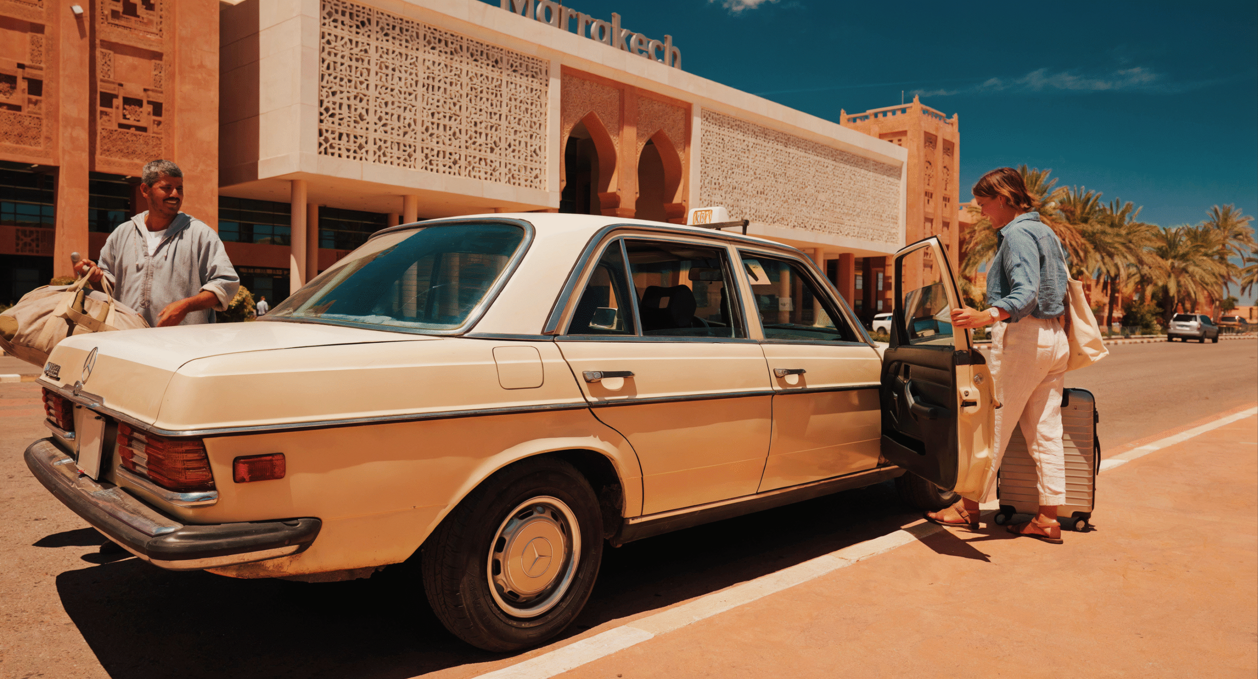 Marrakech airport taxi guide showing official taxi area outside Menara Airport arrivals