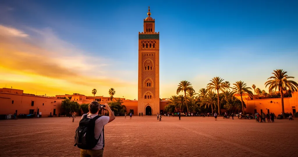 American tourist viewing Koutoubia Mosque at sunset in Marrakech, capturing the essence of Moroccan adventure for US travelers planning travel to Morocco from USA