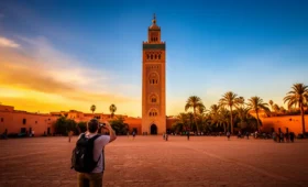 American tourist viewing Koutoubia Mosque at sunset in Marrakech, capturing the essence of Moroccan adventure for US travelers planning travel to Morocco from USA