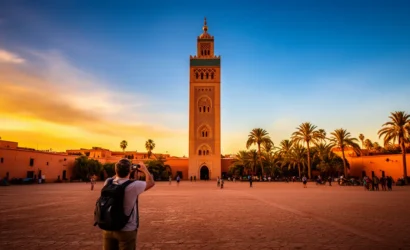 American tourist viewing Koutoubia Mosque at sunset in Marrakech, capturing the essence of Moroccan adventure for US travelers planning travel to Morocco from USA
