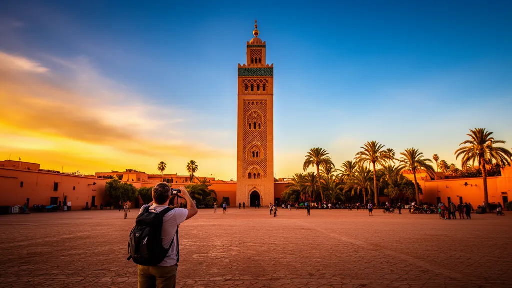 American tourist viewing Koutoubia Mosque at sunset in Marrakech, capturing the essence of Moroccan adventure for US travelers planning travel to Morocco from USA