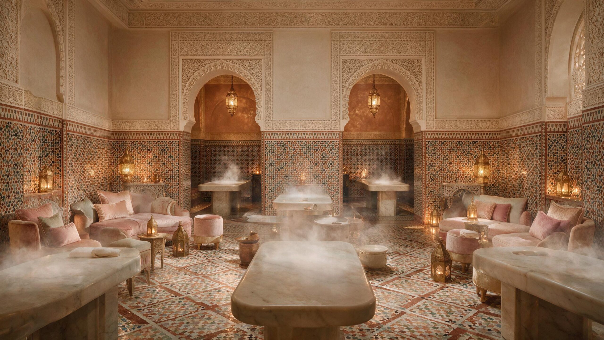 Casablanca spa hotel luxury – traditional Moroccan hammam treatment at Royal Mansour Casablanca with zellij tiles and lantern lighting