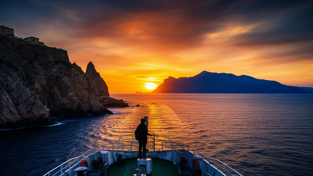 Ferry crossing the Strait of Gibraltar between Europe and Africa at sunset for travel to Morocco and Spain