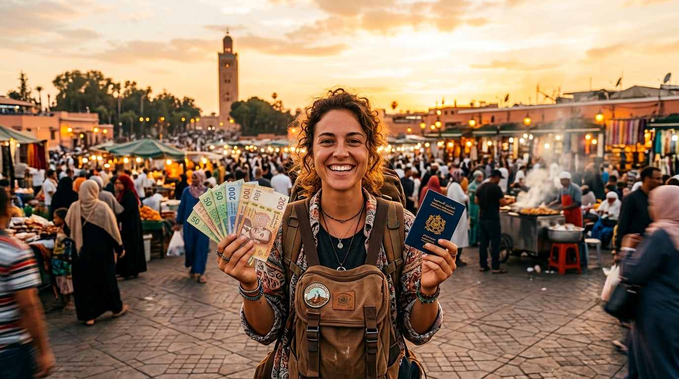 How far $100 goes in Morocco: traveler holding Moroccan dirham banknotes in Marrakech medina