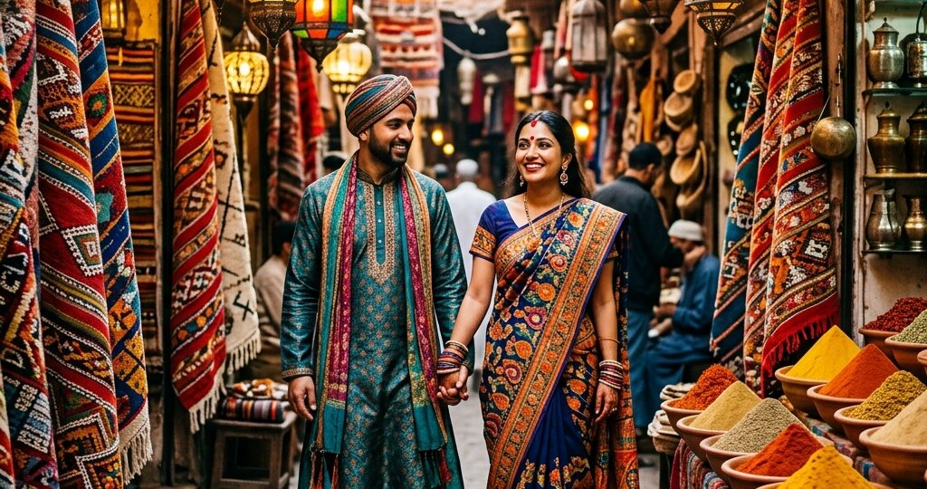 Morocco travel packages from India featuring Sahara Desert camel trek at sunset with golden dunes and distant Marrakech skyline
