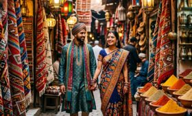 Morocco travel packages from India featuring Sahara Desert camel trek at sunset with golden dunes and distant Marrakech skyline