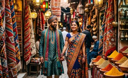 Morocco travel packages from India featuring Sahara Desert camel trek at sunset with golden dunes and distant Marrakech skyline