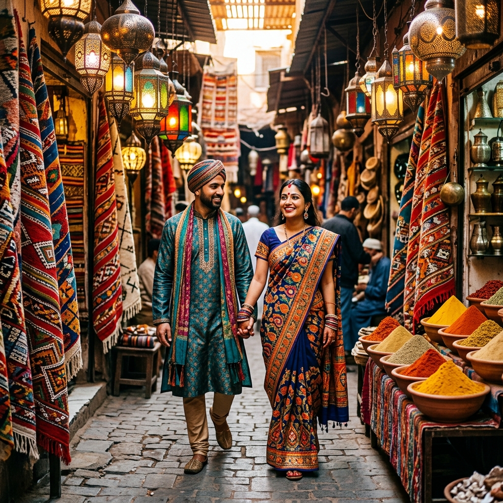 Morocco travel packages from India featuring Sahara Desert camel trek at sunset with golden dunes and distant Marrakech skyline