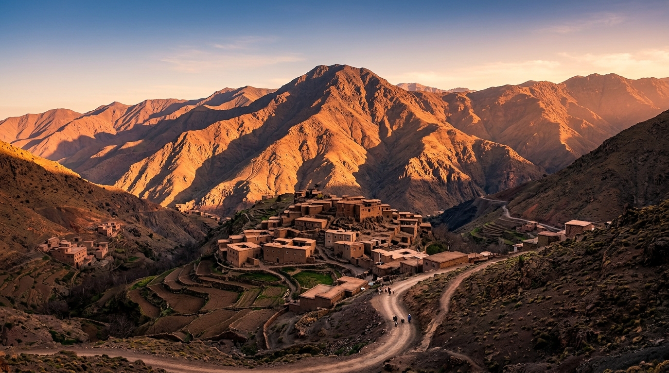 Panoramic view of Morocco Atlas Mountains travel destinations at golden hour showing layered peaks and a traditional Berber village in the High Atlas near Marrakech