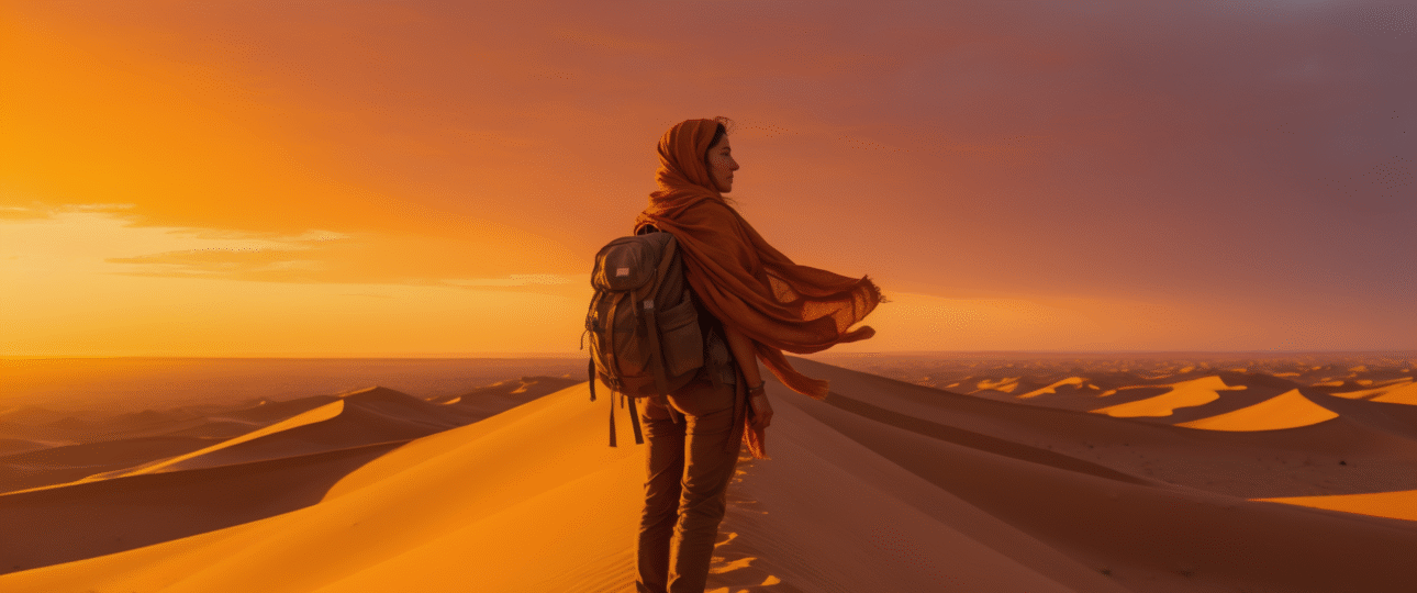 Solo travel to Morocco: a woman stands alone on a Sahara dune at sunset, peaceful and confident, inspiring solo female travel Morocco adventure