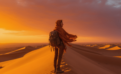 Solo travel to Morocco: a woman stands alone on a Sahara dune at sunset, peaceful and confident, inspiring solo female travel Morocco adventure