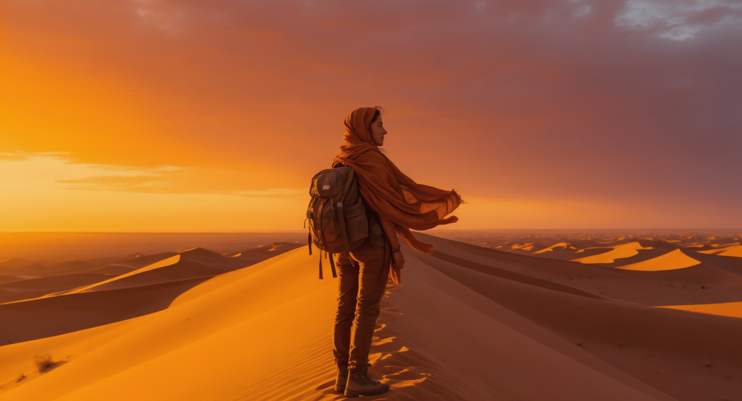 Solo travel to Morocco: a woman stands alone on a Sahara dune at sunset, peaceful and confident, inspiring solo female travel Morocco adventure