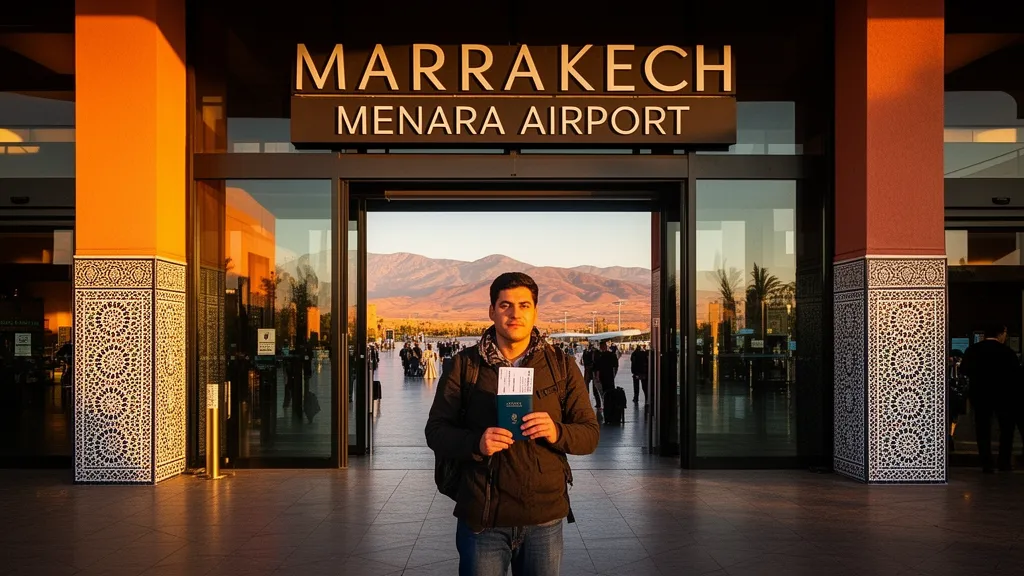 Visa requirements for Morocco 2026: traveler with passport at Marrakech Airport golden hour