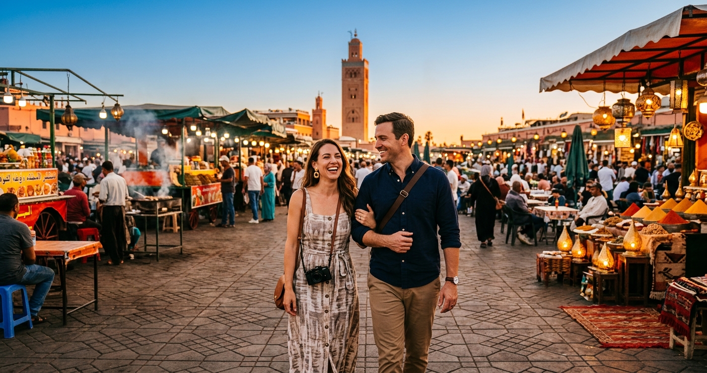 American tourists safely exploring Jemaa el-Fnaa in Marrakech, Morocco at golden hour – essential safety guide for US travelers visiting Morocco in 2026