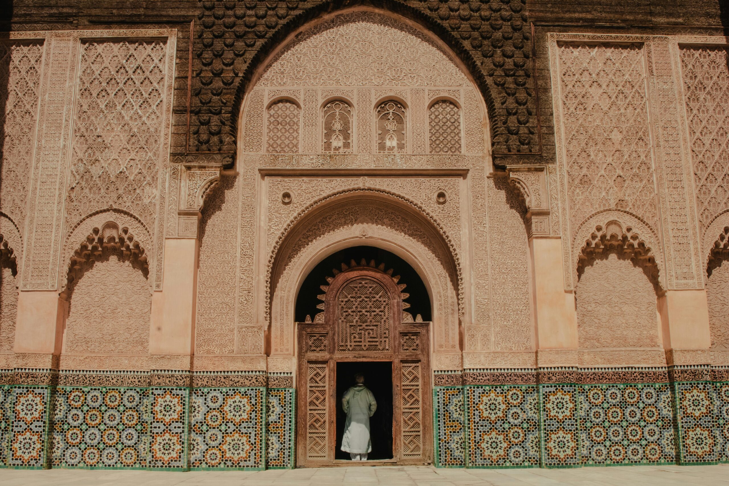 Ben Youssef Madrasa architecture and zellij tilework in Marrakech Morocco