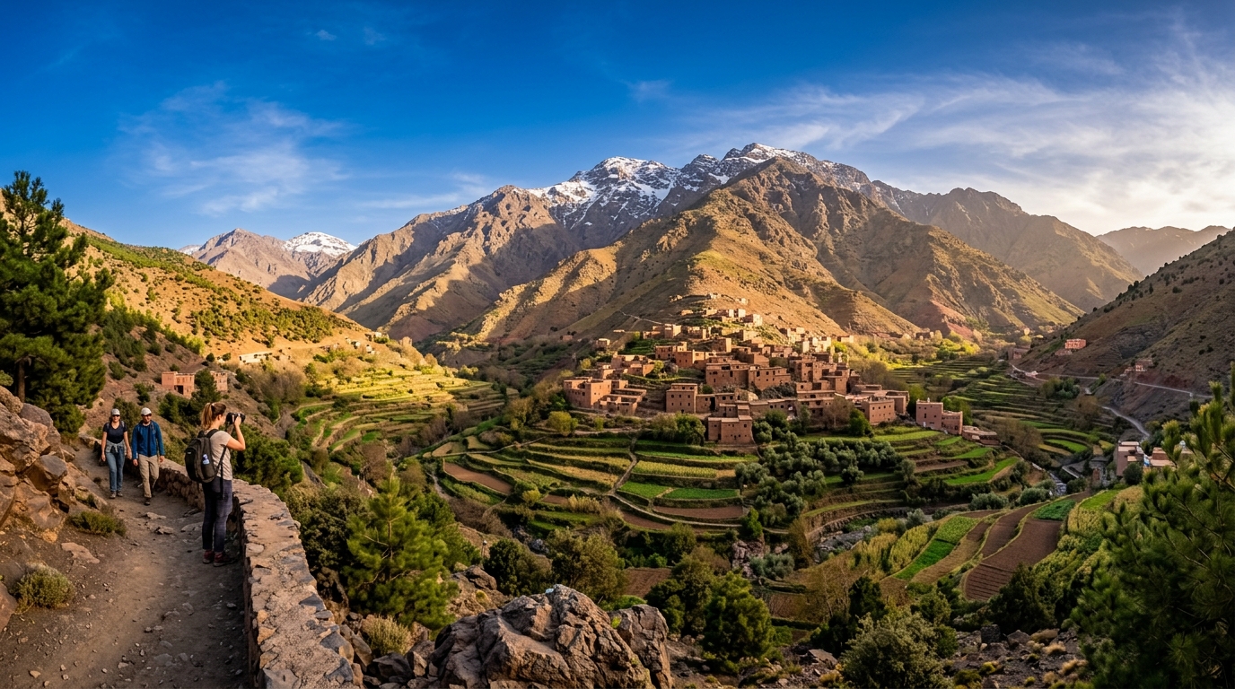 Best day trips from Marrakech guide: Atlas Mountains, Essaouira, Ouzoud Falls, Agafay Desert – panoramic Moroccan landscape view at golden hour