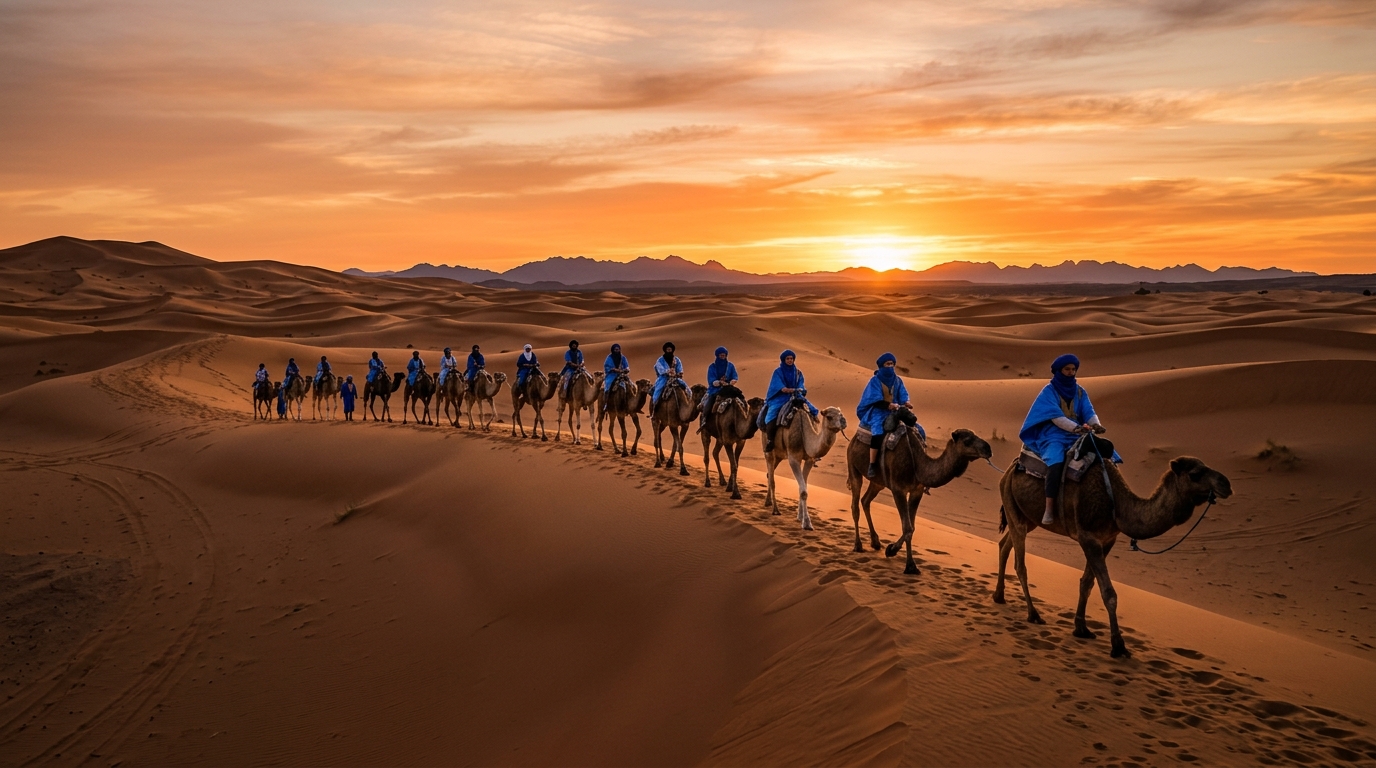 Best desert tour from Marrakech: sunset camel trek in Erg Chebbi, Sahara dunes near Merzouga, golden hour Morocco desert caravan