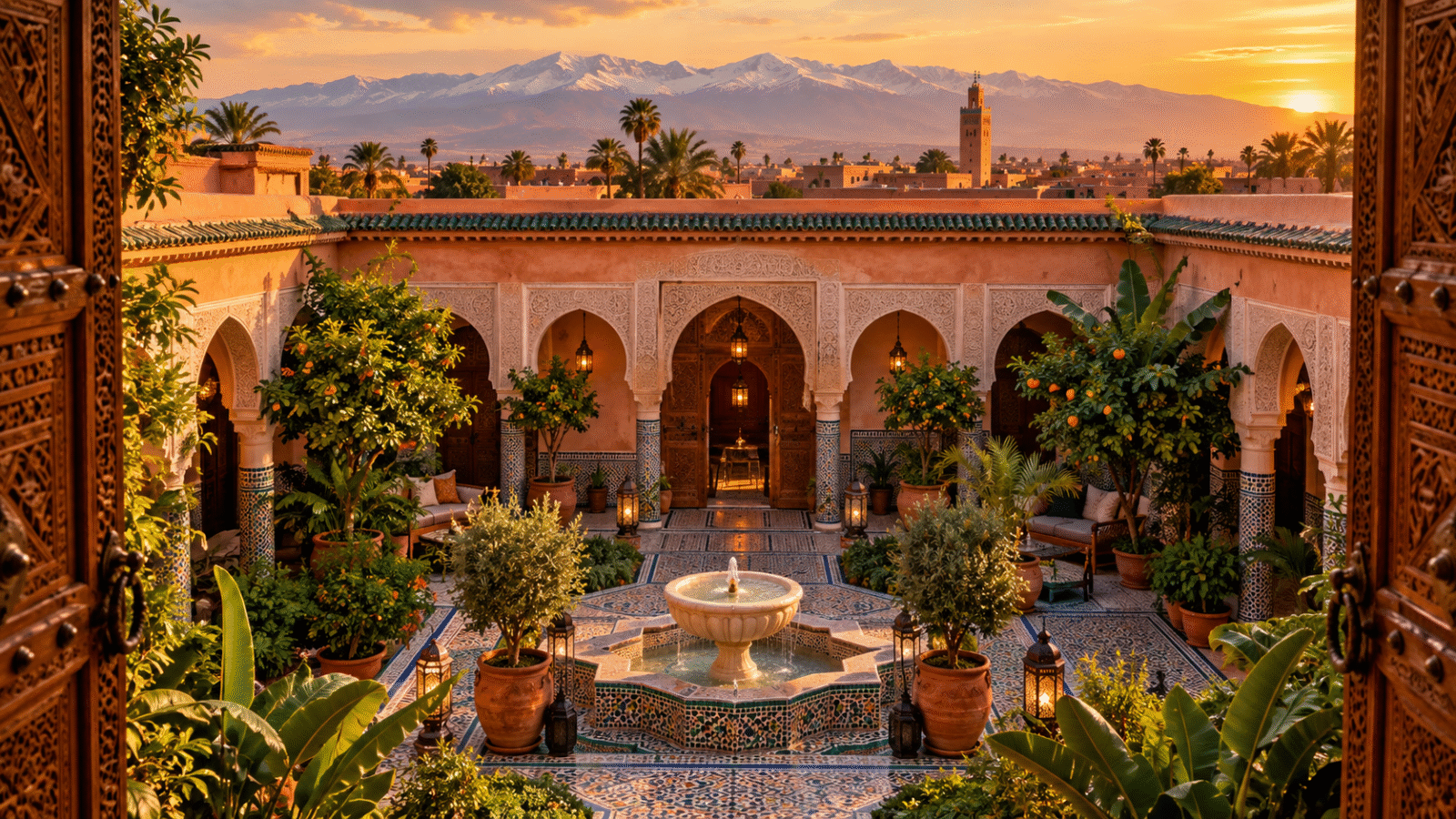 Best luxury riads in Marrakech - panoramic view of a traditional riad courtyard with fountain and Atlas Mountains, Moroccan architecture and serene oasis in the medina